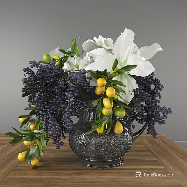 Ornate Metallic Vase With White Lilies Purple Berries And Yellow Fruits On Wooden Table 3d model 