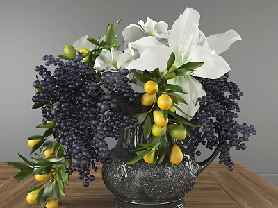 Ornate Metallic Vase With White Lilies Purple Berries And Yellow Fruits On Wooden Table 3d model