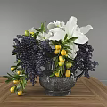 Ornate Metallic Vase With White Lilies Purple Berries And Yellow Fruits On Wooden Table