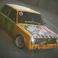 Yellow Classic Car With Graffiti Art Number 69 And Trollhättan Garage Logo On Cobblestone Street