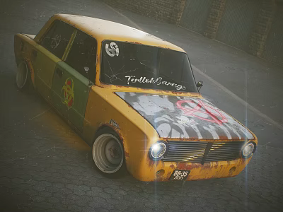 Yellow Classic Car With Graffiti Art Number 69 And Trollhättan Garage Logo On Cobblestone Street 3d model