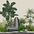 Tropical Courtyard Garden with Black Statue Green Foliage Decorative Stones White Pebbles and Spherical Ornament