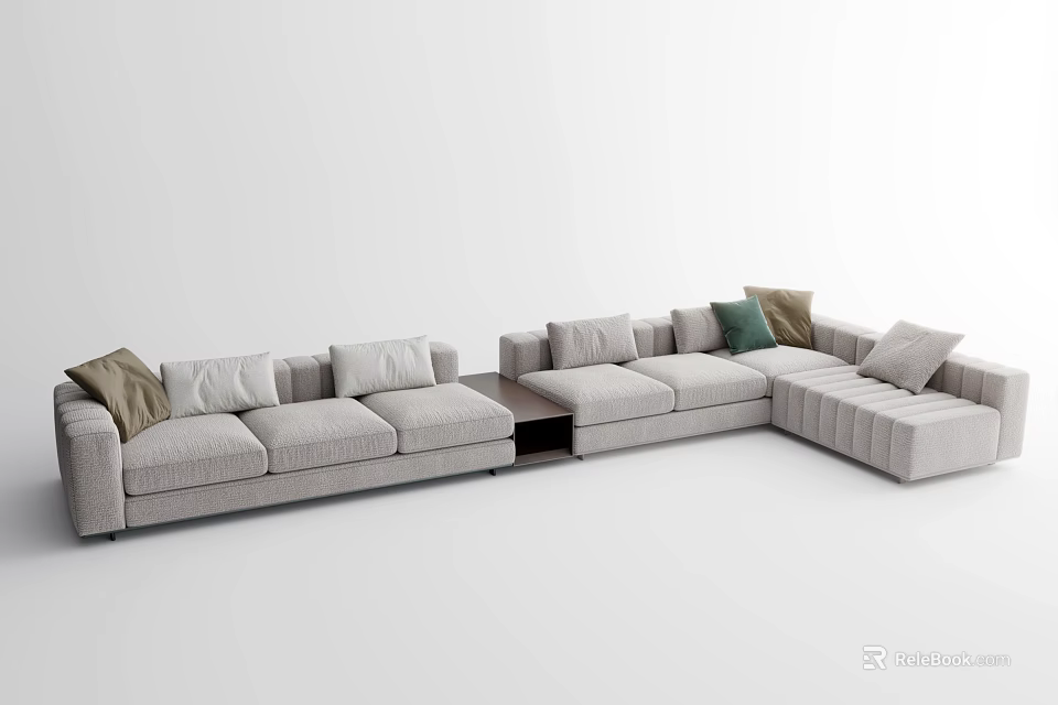 Modern Light Gray Sectional Sofa With Multiple Cushions And Coffee Table 3d model