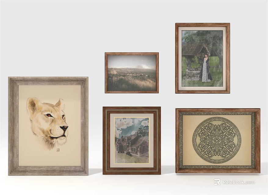 Diverse Framed Artworks Including Lion Portrait Landscape Figure And Decorative Patterns 3d model 
