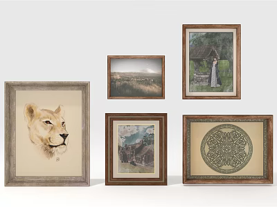 Diverse Framed Artworks Including Lion Portrait Landscape Figure And Decorative Patterns 3d model