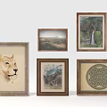 Diverse Framed Artworks Including Lion Portrait Landscape Figure And Decorative Patterns