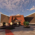 Traditional Chinese Visitor Center With Brick Roof Lanterns And Stone Path