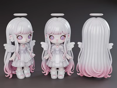 Cute Game Movie Character With White Long Hair Pink Gradient Halo Wings And Purple Eyes 3d model