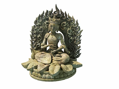 Traditional Stone Buddha Sculpture With Flame Like Halo And Lotus Base Carving 3d model
