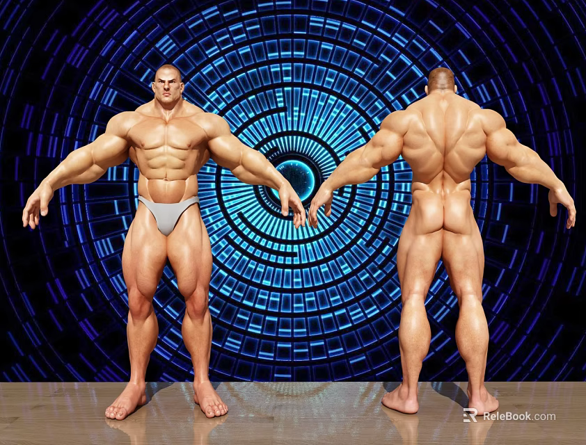 Muscular Men Front And Back In White Underwear With Blue Circular Background And Wooden Floor 3d model 