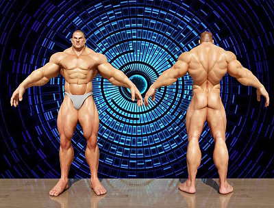 Muscular Men Front And Back In White Underwear With Blue Circular Background And Wooden Floor 3d model