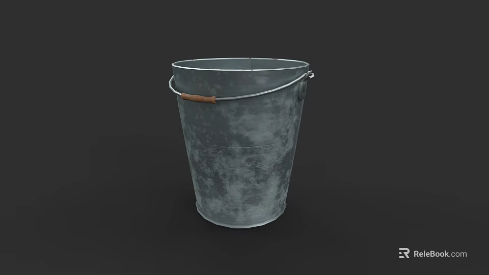 Vintage Metal Bucket With Wooden Handle And Grayish Green Textured Surface 3d model 