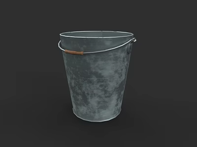 Vintage Metal Bucket With Wooden Handle And Grayish Green Textured Surface 3d model