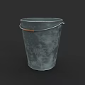 Vintage Metal Bucket With Wooden Handle And Grayish Green Textured Surface
