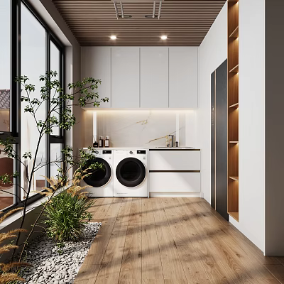 Bright Home Balcony With White Cabinets Countertop Washing Machines Wooden Floor And Green Plants 3d model