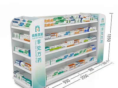 Pharmacy Medicine Shelf Stocked with Over the Counter Drugs and Dimensions 3d model