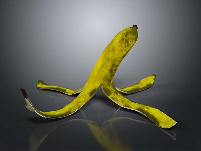 Yellow Banana Peel Shaped Sculpture With Curved Textured Design On Gray Reflective Background 3d model
