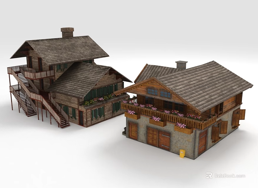 Traditional Wooden Houses With Gabled Roofs Chimneys Staircase Balcony Flowers Doors And Windows 3d model 