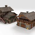 Traditional Wooden Houses With Gabled Roofs Chimneys Staircase Balcony Flowers Doors And Windows