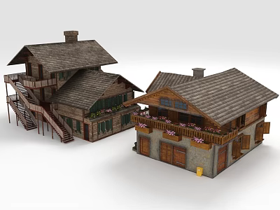 Traditional Wooden Houses With Gabled Roofs Chimneys Staircase Balcony Flowers Doors And Windows 3d model