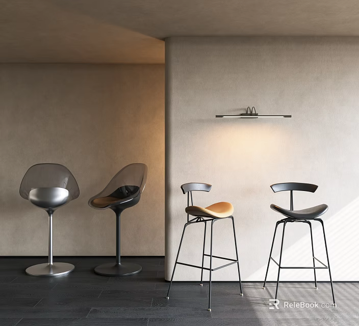 Modern Bar Stools With Various Designs In Interior Space And Ambient Lighting 3d model