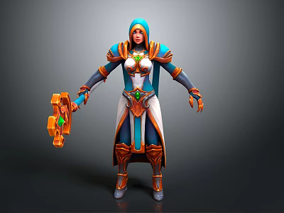 Hooded Female Warrior In Blue And Orange Armor Holding Orange Weapon With Green Gem 3d model