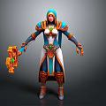 Hooded Female Warrior In Blue And Orange Armor Holding Orange Weapon With Green Gem