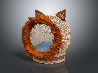 Woven Decorative Ornament Set With Cat Ear Design Orange Fur Trim And Blue Cushion 3d model