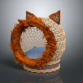 Woven Decorative Ornament Set With Cat Ear Design Orange Fur Trim And Blue Cushion