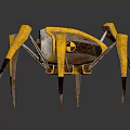 Yellow And Silver Mechanical Spider With Long Legs And Red Eyes