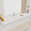 Cozy Window Seat with Soft Cushion Yellow Pillow Rabbit Plush Flower Toy and White Blinds