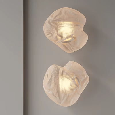 Modern Textured Glass Wall Sconces In Irregular Shape With Warm Light On Gray Wall 3d model