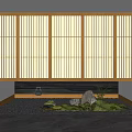 Japanese Style Courtyard Garden With Wooden Lattice Screen Black Pebbles Moss Stones And Hanging Lantern