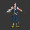 3D Male Warrior Character With Black Hair Blue Outfit Mechanical Arm And Yellow Shoes