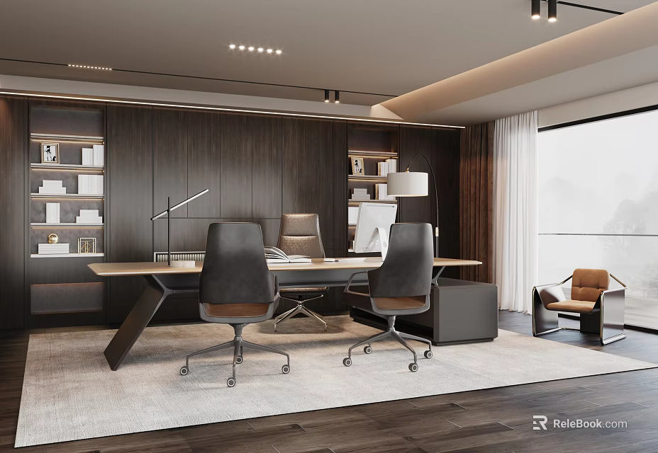 Elegant Modern Office Interior With Wooden Desk Leather Chairs And Floor-to-ceiling Windows 3d model 