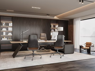 Elegant Modern Office Interior With Wooden Desk Leather Chairs And Floor-to-ceiling Windows 3d model