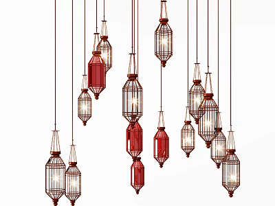 Modern Multiple Hanging Chandeliers With Red And Clear Glass Metal Frame Design 3d model