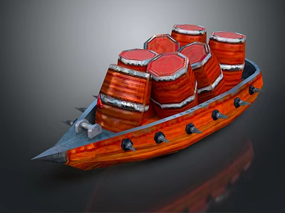 Traditional Orange Wooden Boat With Red Barrels And Metal Details Sailing On Water 3d model