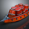 Traditional Orange Wooden Boat With Red Barrels And Metal Details Sailing On Water