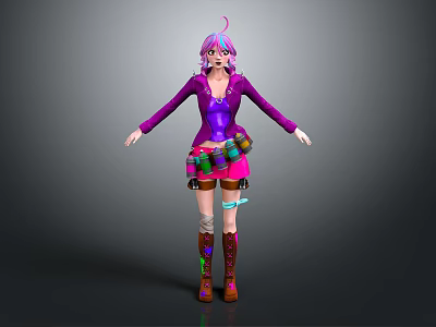 3D Model of Colorful Female Character With Purple Hair Purple Outfit And Brown Boots 3d model