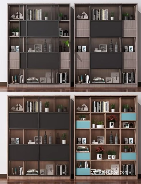 Modern Wooden Bookshelf With Multiple Shelves Books Picture Frames Small Plants And Decorative Items 3d model 