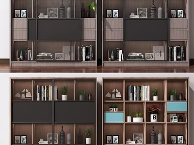 Modern Wooden Bookshelf With Multiple Shelves Books Picture Frames Small Plants And Decorative Items 3d model