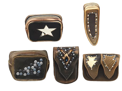 Handcrafted Vintage Leather Pouches With Star Pattern Beaded Decorations And Assorted Shapes 3d model