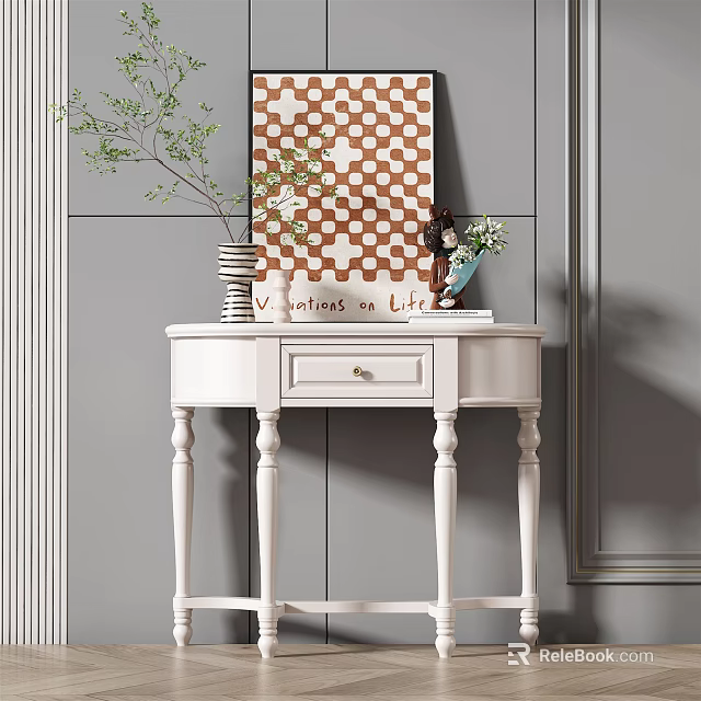 Elegant White Console Table With Drawer Vase Plants And Checkered Art Decor 3d model