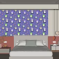 Modern Bedroom Bed Accent Wall With Purple Cartoon Jars