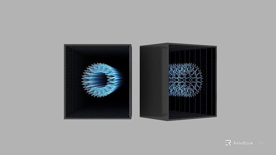 Commercial Equipment Black Cube Devices With Grid Design And Blue Radial Reticular Glowing Patterns 3d model 