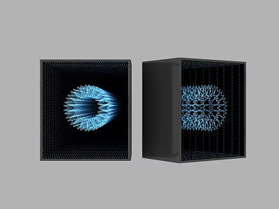 Commercial Equipment Black Cube Devices With Grid Design And Blue Radial Reticular Glowing Patterns 3d model