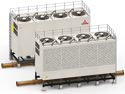 Mitsubishi Heavy Industries Cooling Towers With Top Fans And Connecting Pipes Industrial Equipment 3d model