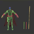 3D Character Model In Brown Costume With Purple Gloves Mask Cape And Staffs