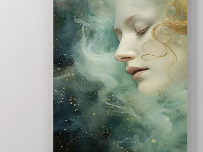 Ethereal Female Portrait Painting With Closed Eyes Curly Hair Clouds And Golden Sparkles 3d model